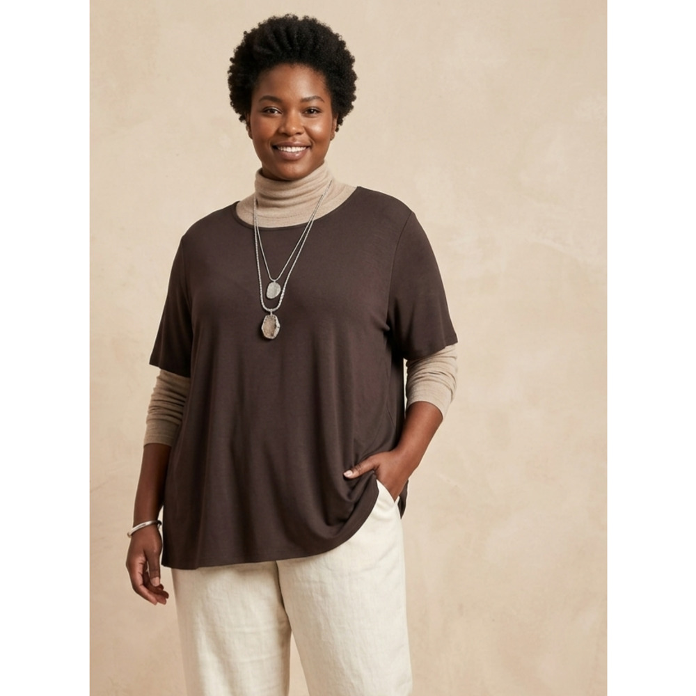 Eileen Fisher Woman Brown Boho Stretch Short Sleeve Top 3X